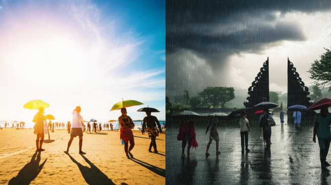 A split image showing Bali's dry and wet seasons, depicting sunshine and clear skies on one side and heavy rain on the other.