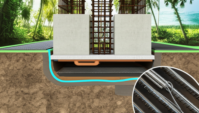 Illustration of a building foundation in Bali showcasing seismic resistance, drainage systems, and pest control measures.