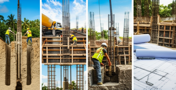 Illustration of the foundation construction process in Bali, showing site investigation, design, excavation, reinforcement, and concrete pouring stages.