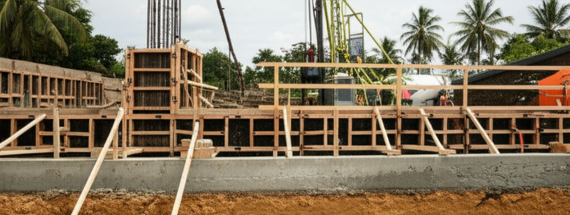 Diagram showing the construction of a building foundation in Bali, highlighting concrete, rebar, formwork, and the soil layers.