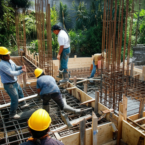 Illustration of quality assurance in Bali foundation construction, including engineers, workers, concrete pouring, and testing.