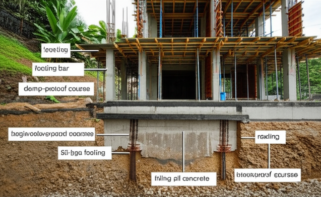 Cross-section diagram illustrating a reinforced concrete building foundation designed to withstand the environmental challenges of Bali, Indonesia.