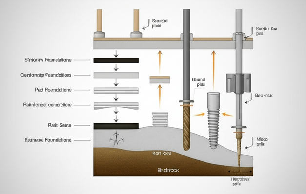 Diagram illustrating different foundation systems used in Bali, including shallow and deep foundation types, and their interaction with soil layers.