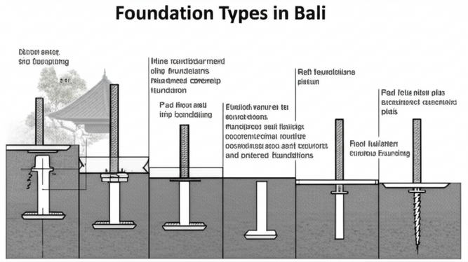 Diagram illustrating different foundation types (strip, pad, raft, bored piles, driven piles, micropiles) in Bali, with cross-sections showing soil strata and load transfer mechanisms.
