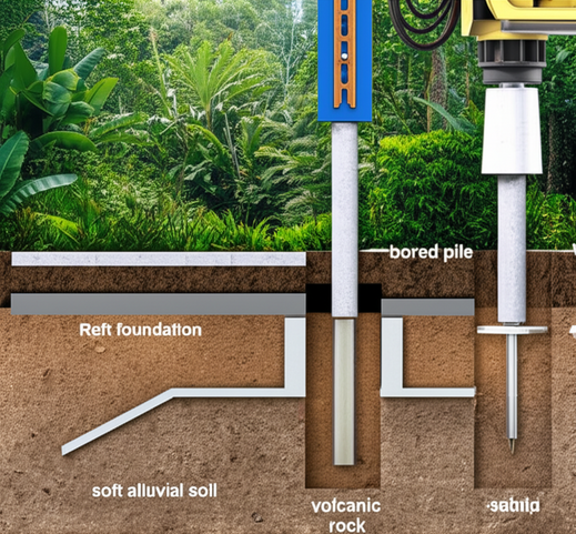 Diagram comparing raft, strip, bored pile, and driven pile foundations used in construction in Bali, showing their suitability for different soil conditions.
