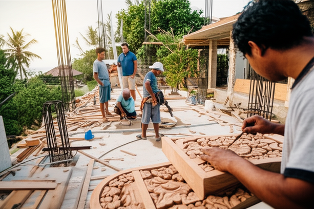Construction scene in Bali, showing a general contractor overseeing a diverse team working on a modern building with traditional Balinese elements.