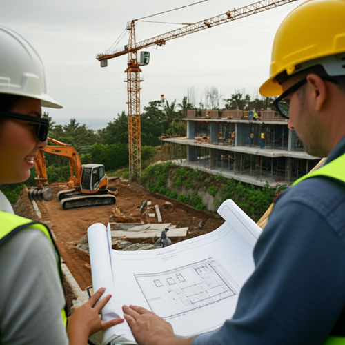 A general contractor overseeing a construction project in Bali, demonstrating the various stages of building a villa.