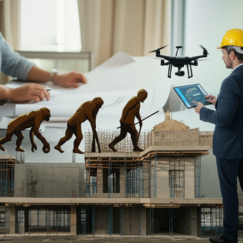 Illustration showing the development of a general contractor in Bali, from education and hands-on experience to utilizing technology and sustainable practices.