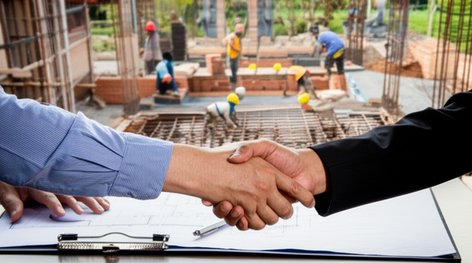 Illustration of a Balinese general contractor shaking hands with a client on a construction site, symbolizing partnership and trust.