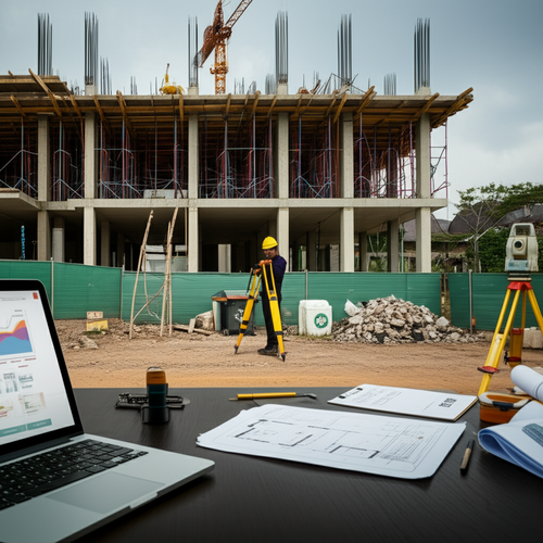 Illustration of general contractor services in Bali, including permit application, site management, personnel management, surveying, waste disposal, and project monitoring.