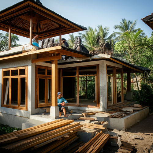 Construction of a modern Balinese villa with local craftsmen using traditional materials.