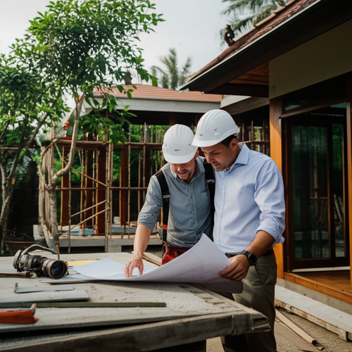 Illustration of a homeowner and general contractor collaborating on a Bali home construction project, reviewing blueprints and discussing design in a tropical setting.