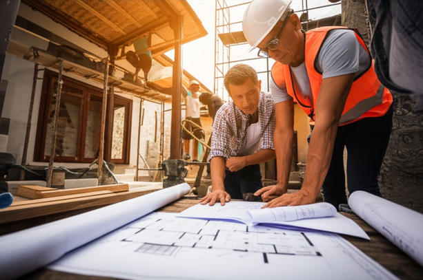 A Bali home renovation project underway, showcasing construction, skilled workers, and a tropical setting.