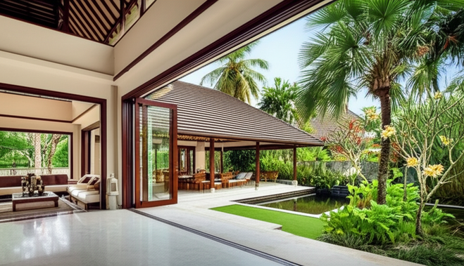A Bali villa showcasing seamless indoor-outdoor living with open-plan design, large sliding doors, and lush tropical landscaping.