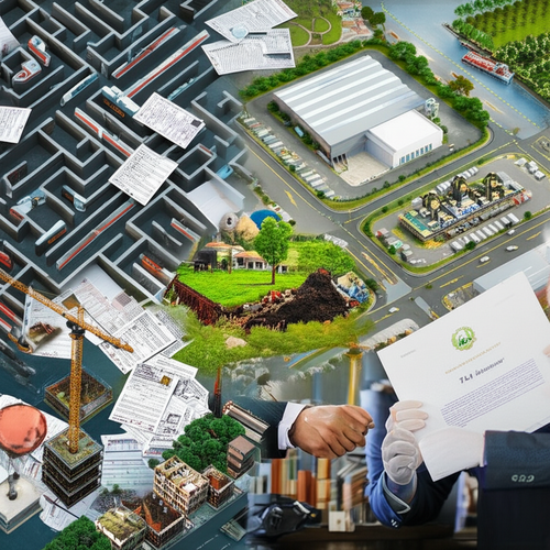 Illustration depicting the challenges and opportunities of industrial construction in Bali, showing land scarcity, regulatory hurdles, environmental concerns, but also strategic location, government incentives and a growing market.