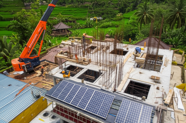 Illustration of a construction site in Bali, showing sustainable building practices and respect for the local environment and culture.