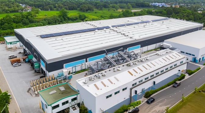 An industrial facility in Bali, showcasing modern construction and sustainable practices.