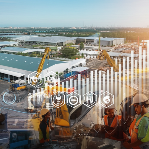 Illustration of Bali's industrial development, showcasing construction, manufacturing, and economic growth.