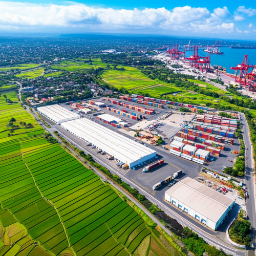 Aerial view of Bali showing industrial infrastructure and traditional landscapes, representing economic diversification and growth.