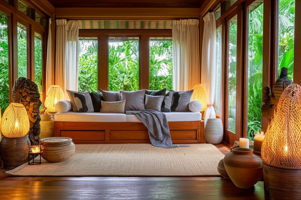 A Bali-inspired living room with natural materials, comfortable furniture, and Balinese art.