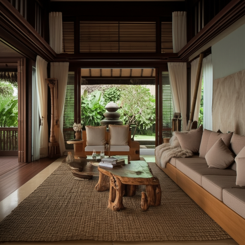 A Bali-inspired living room with natural materials, lush greenery, and a sense of calm.