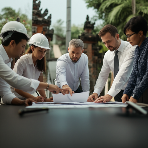 A collaborative scene of international investors and local experts working on a project in Bali, symbolizing the importance of local knowledge and collaboration.