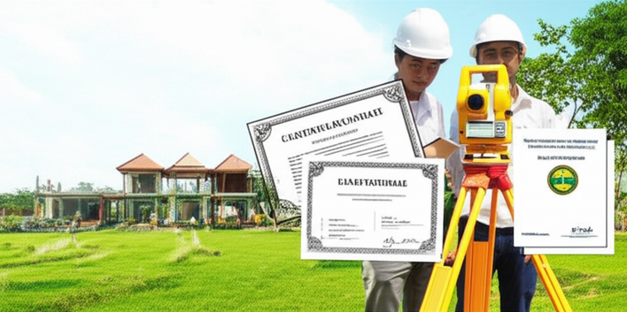 Illustration of the legal process for acquiring land and building a villa in Bali, including land survey, legal documents, and villa construction.