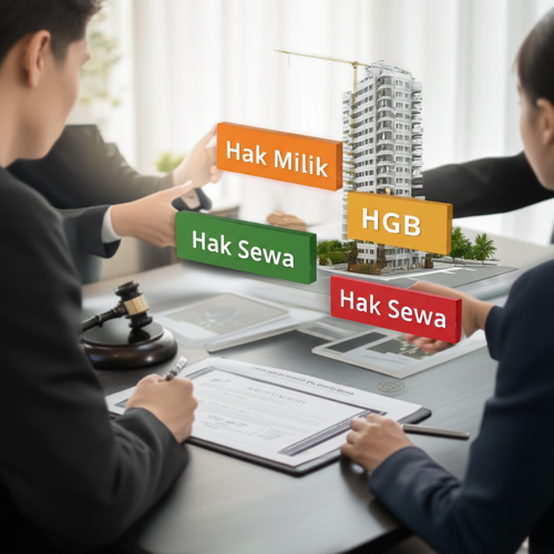Illustration of the land acquisition process in Bali, showing the key elements: legal review, customary law, land titles, and construction.