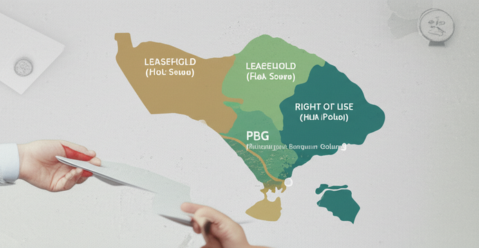 Diagram illustrating the legal framework for land ownership in Bali for foreign investors, including Leasehold, Right of Use, and building permits.