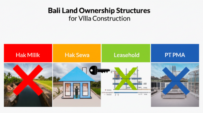 Diagram illustrating Hak Milik, Hak Sewa, Hak Pakai, and PT PMA land ownership structures in Bali for foreign investors building villas.