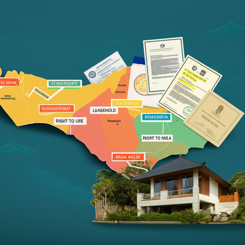 Illustration of different land tenure options in Bali for foreigners, including leasehold, freehold, and Right to Use, with legal documents and a villa in the background.