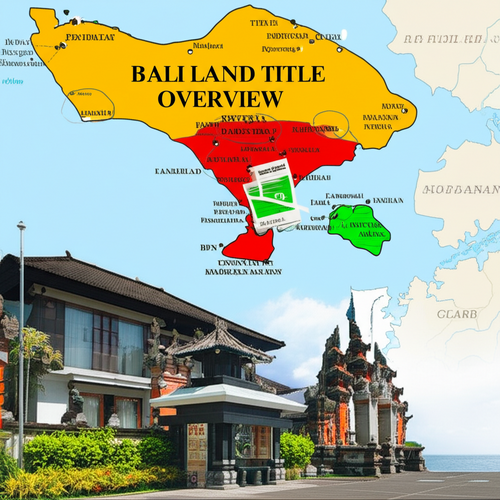 Diagram illustrating Freehold and Leasehold land titles in Bali, with a stylized National Land Agency building in the background.