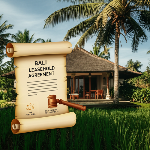 Illustration of a leasehold agreement in Bali, showcasing a villa and legal documents representing security and legal clarity for foreigners.