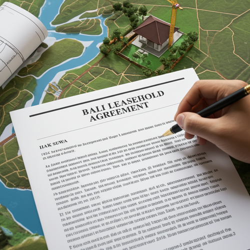 Illustration of a Bali leasehold agreement (Hak Sewa) over a Bali map, representing secure property investment for foreigners.