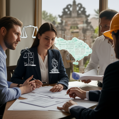 Illustration depicting the legal complexity of land acquisition and building permits in Bali for villa construction, including Hak Milik, Hak Pakai, and IMB permits.