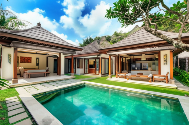 Modern luxury villa in Bali blending traditional Balinese architecture with contemporary design, showcasing open-plan living, natural materials, and a lush tropical garden.