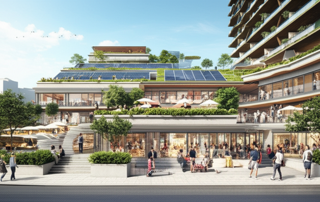 Architectural rendering of a mixed-use development in Bali, showcasing apartments, co-working spaces, shops, and green areas, all designed with sustainable features.