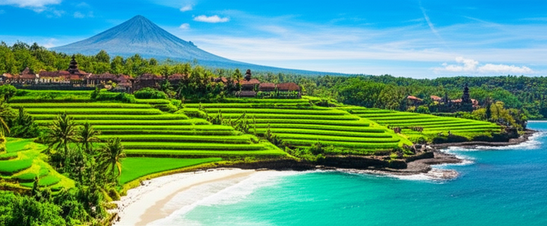 Panoramic view of Bali: rice terraces, volcano, beach, and temple.