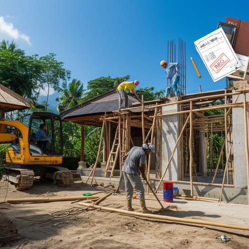 Illustration of a Balinese villa under construction, highlighting the legal and permitting aspects of new builds in Bali, including permits, leasehold, and local regulations.