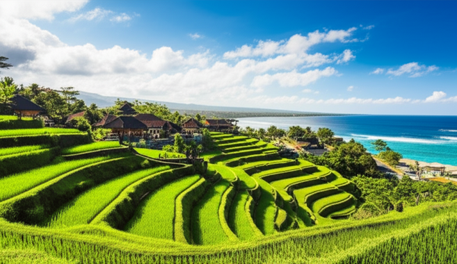 Panoramic view of Bali, showcasing rice paddies, traditional architecture, beaches, and modern development.