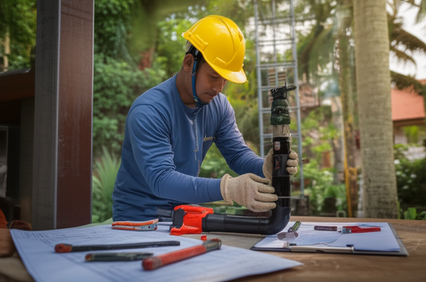 A professional plumbing contractor in Bali inspecting a pipe connection on a construction site, demonstrating quality workmanship.