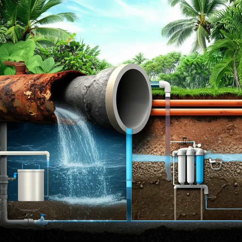 Illustration showing corroded pipes, overwhelmed drainage, and water filtration challenges for plumbing in Bali's tropical climate, demonstrating solutions like corrosion-resistant piping and French drains.