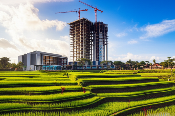 Illustration of Bali, showing commercial buildings alongside traditional Balinese elements, representing the balance between development and cultural preservation.