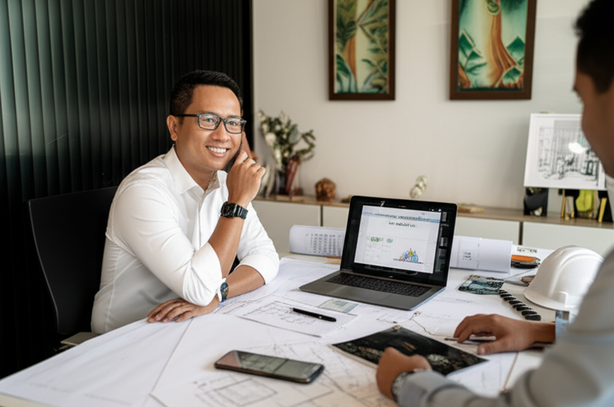 A project manager in Bali overseeing a residential construction project, ensuring smooth communication, budget control, and adherence to the schedule.