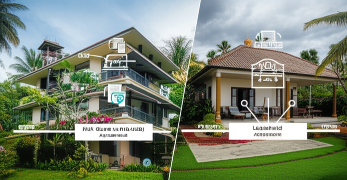 Illustration comparing Hak Guna Bangunan (HGB) and Leasehold agreements for property ownership in Bali, showing villa structures and legal frameworks.