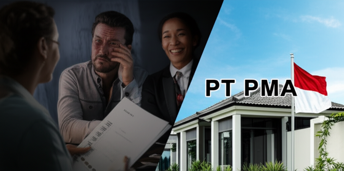 Illustration comparing the risks of using a nominee structure for property ownership in Bali versus the benefits of establishing a PT PMA for a safe and secure long-term investment.