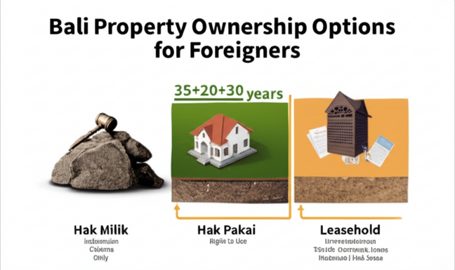 Diagram comparing Hak Milik, Hak Pakai, and Leasehold property ownership in Bali for foreigners