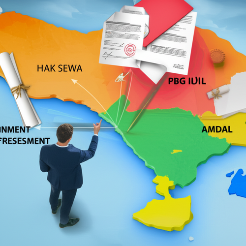 Illustration of the complex legal and regulatory environment for building property in Bali, highlighting land zones, leasehold agreements, building permits, and project management.