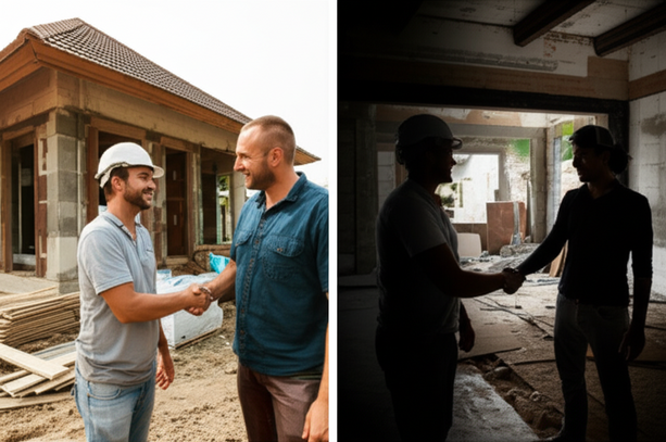 Comparison of successful home remodel in Bali with clear communication and site visits, versus an unsuccessful remodel demonstrating poor communication and lack of oversight.