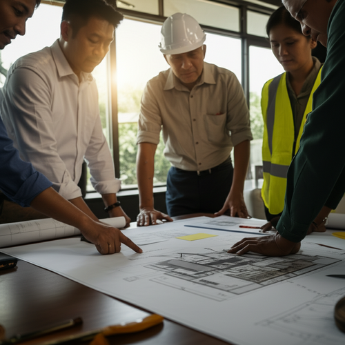 A team of professionals reviewing architectural plans for a Bali remodeling project.